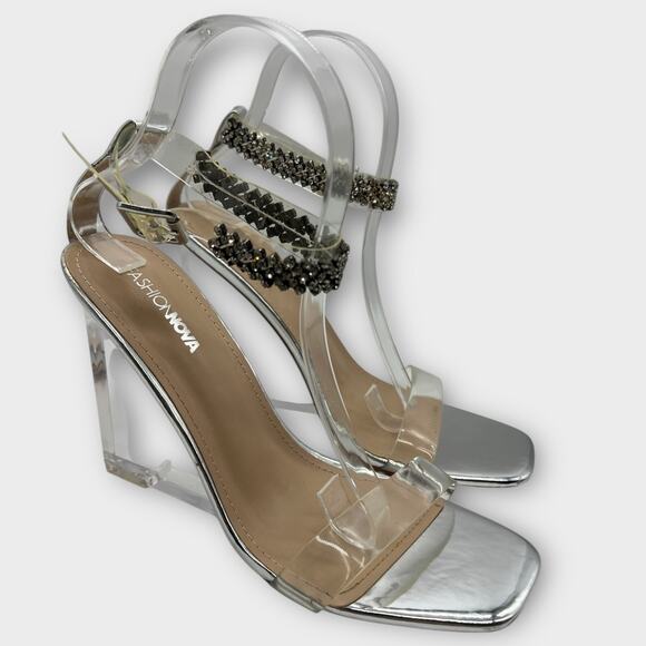 Fashion Nova Clear Wedge Heel Rhinestone Ankle Strap Silver Formal Shoes 8.5 - Picture 1 of 8